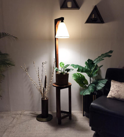 Tree Wooden Floor Lamp with Brown Base and Beige Fabric Lampshade