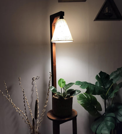 Tree Wooden Floor Lamp with Brown Base and Beige Fabric Lampshade