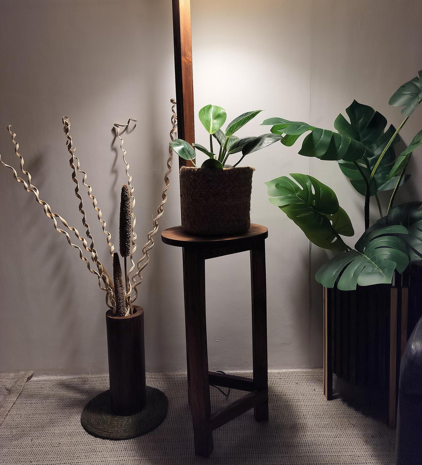 Tree Wooden Floor Lamp with Brown Base and Beige Fabric Lampshade