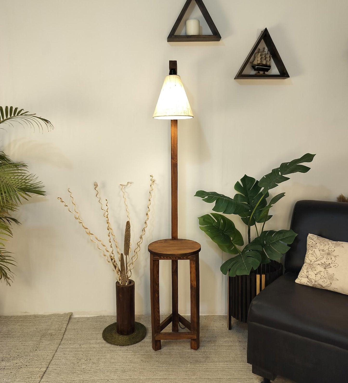 Tree Wooden Floor Lamp with Brown Base and Beige Fabric Lampshade