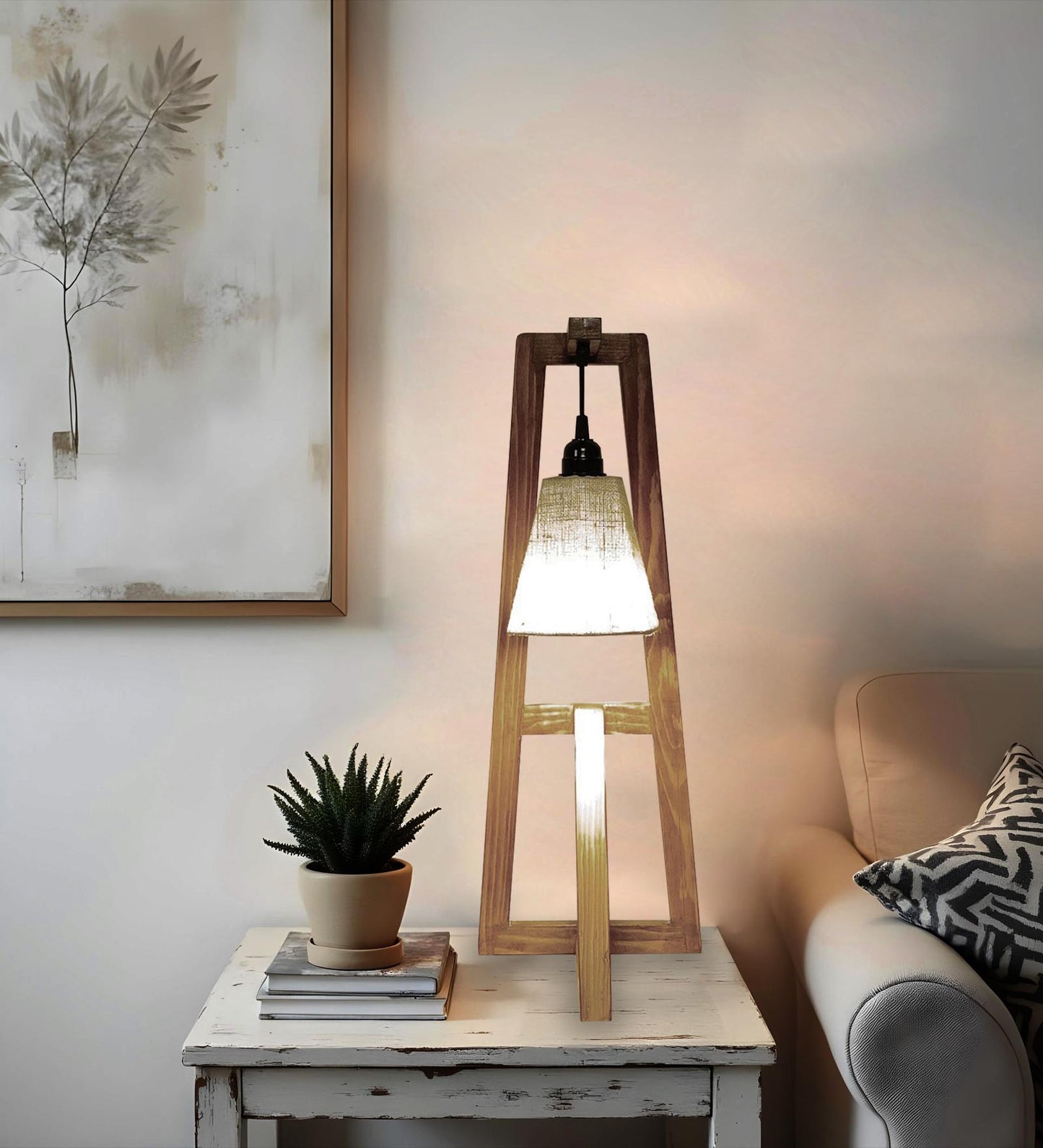Speak Brown Wooden Table Lamp with with Jute Lampshade