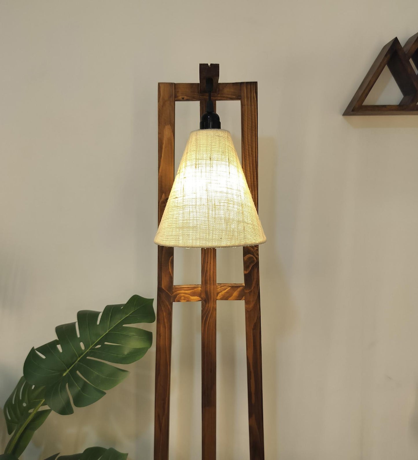 Speak Wooden Floor Lamp with Brown Base and Jute Fabric Lampshade