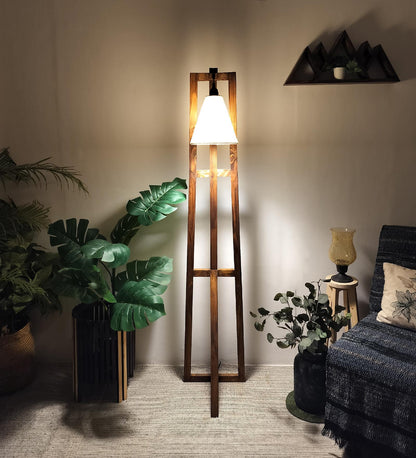 Speak Wooden Floor Lamp with Brown Base and Jute Fabric Lampshade