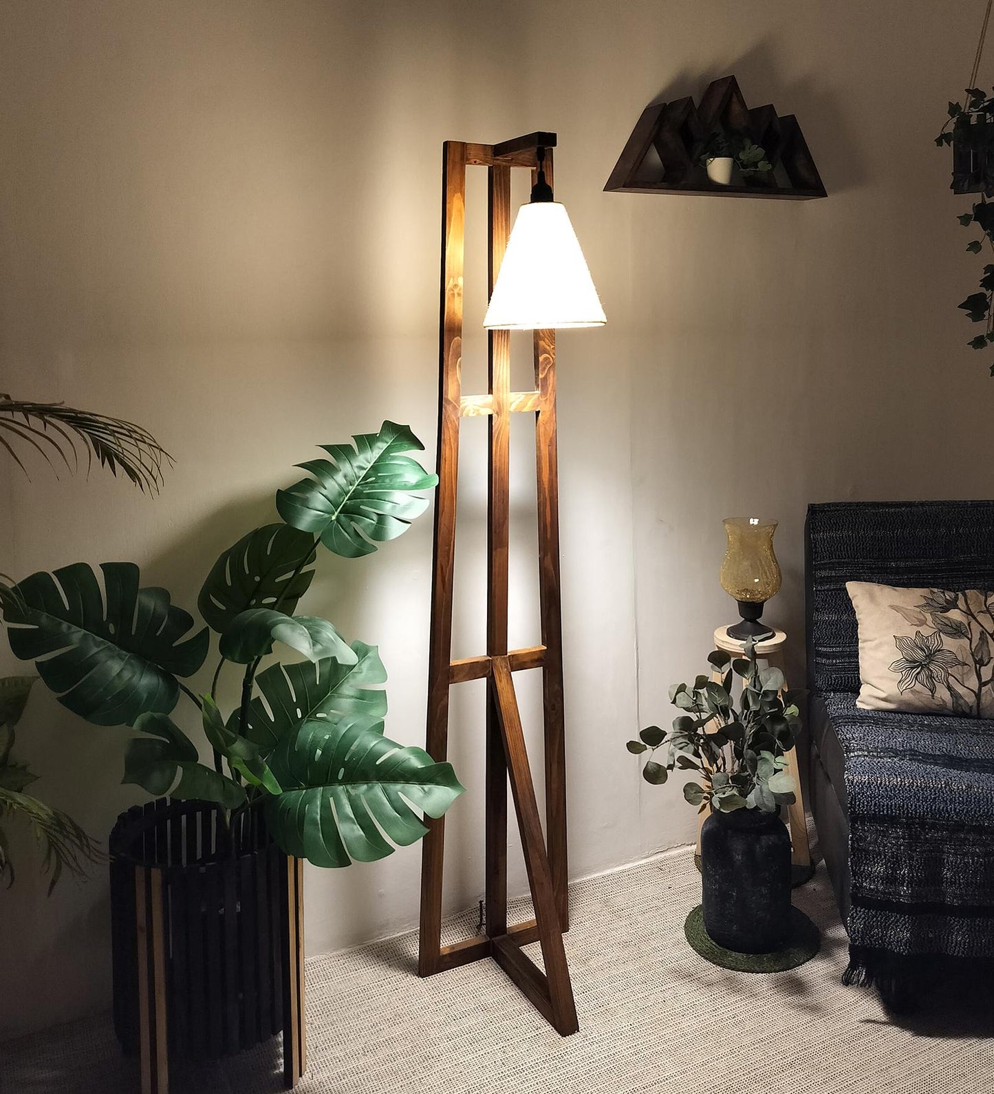 Speak Wooden Floor Lamp with Brown Base and Jute Fabric Lampshade