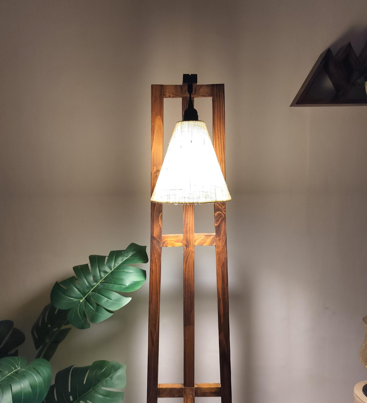 Speak Wooden Floor Lamp with Brown Base and Jute Fabric Lampshade