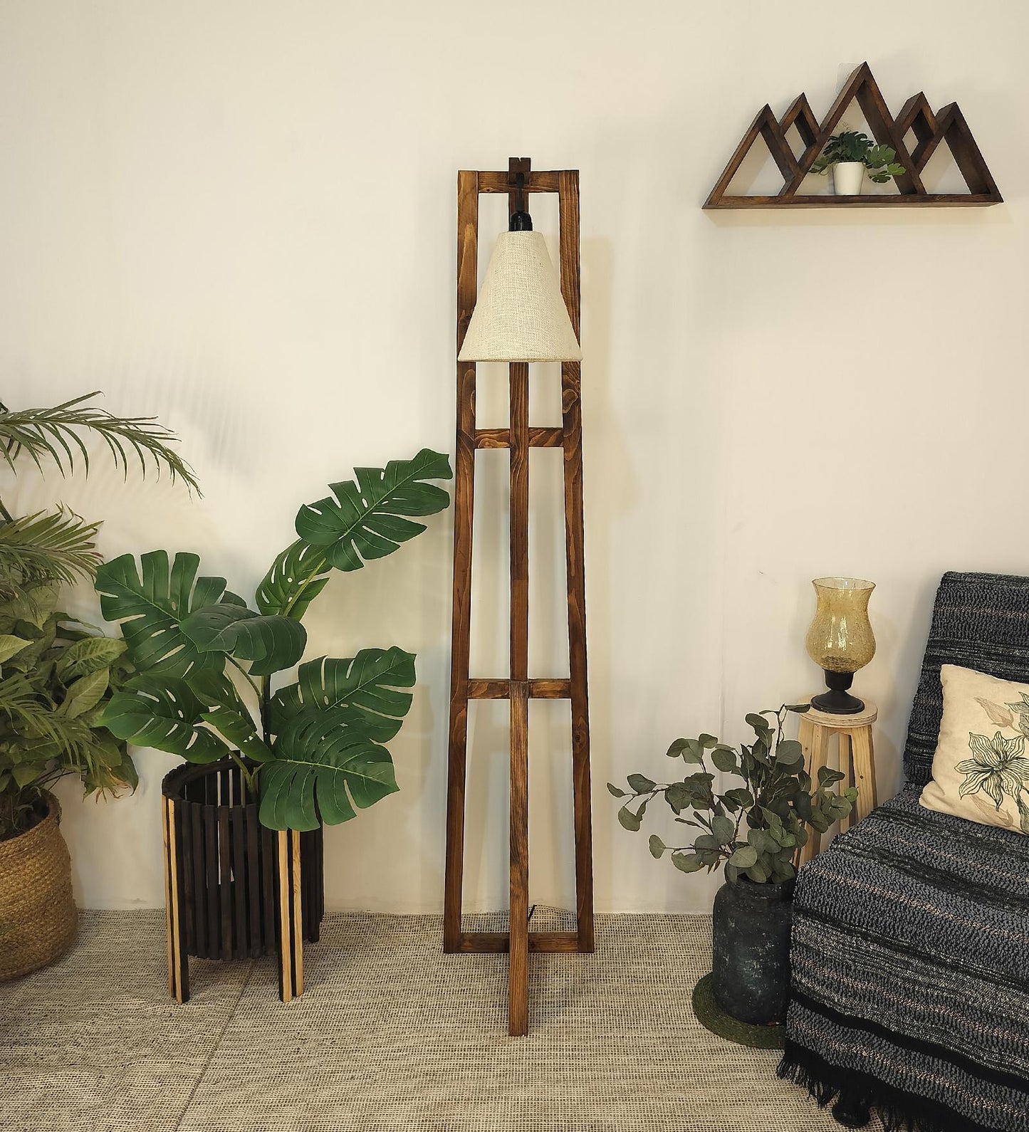 Speak Wooden Floor Lamp with Brown Base and Jute Fabric Lampshade