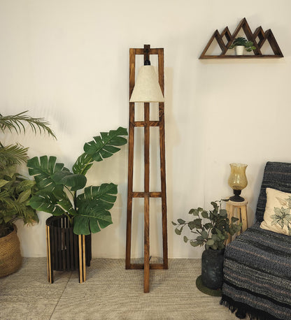 Speak Wooden Floor Lamp with Brown Base and Jute Fabric Lampshade