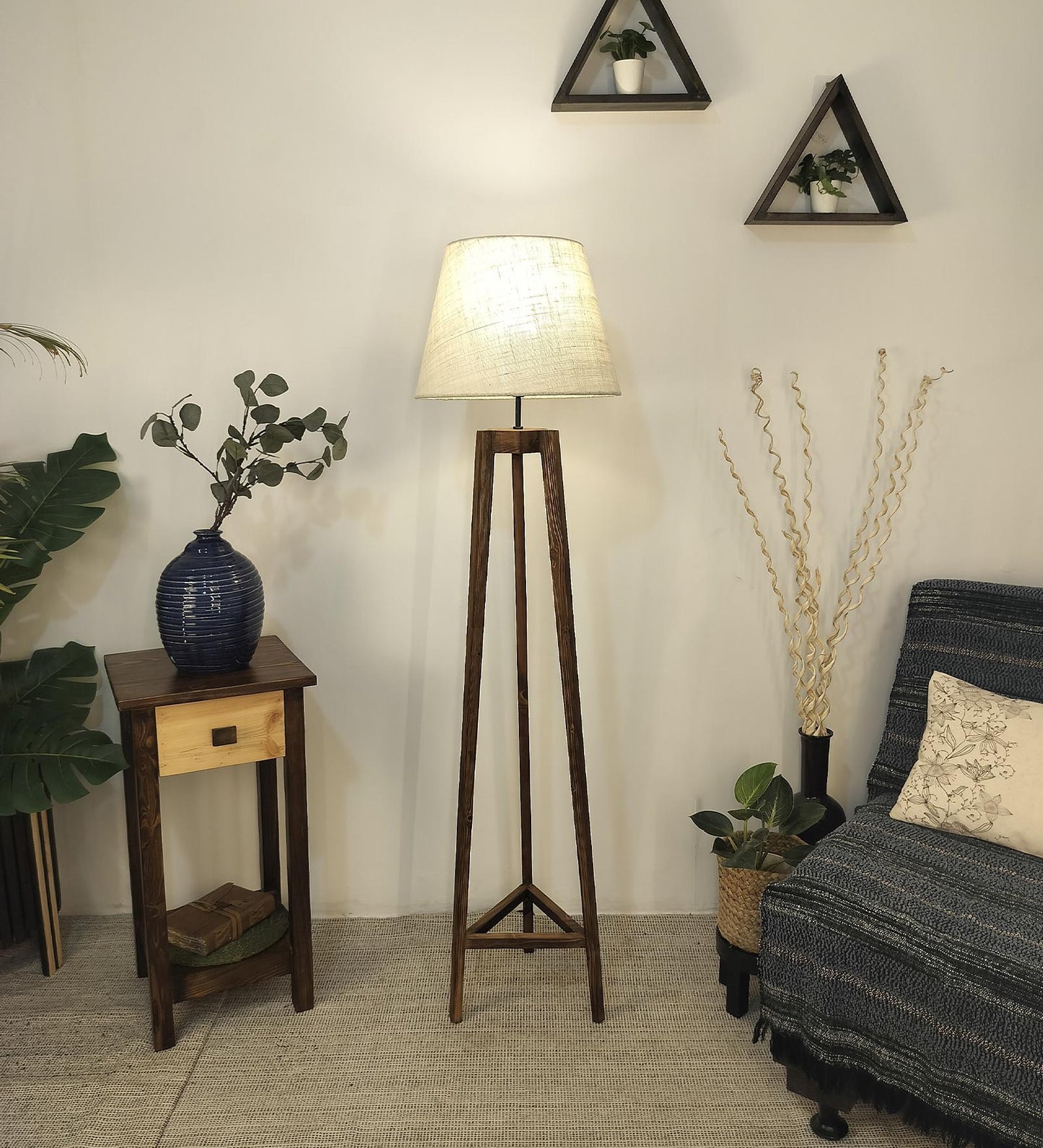Snow Wooden Floor Lamp with Brown Base and Premium Beige Fabric Lampshade