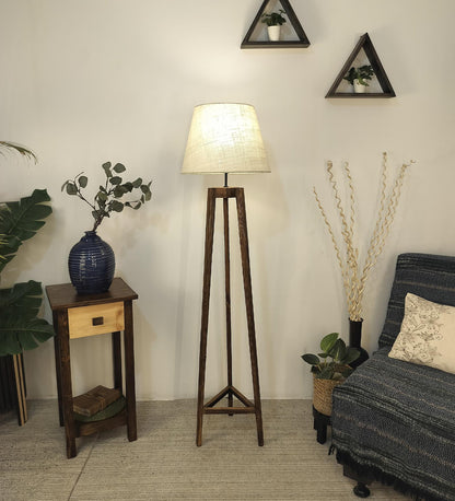 Snow Wooden Floor Lamp with Brown Base and Premium Beige Fabric Lampshade