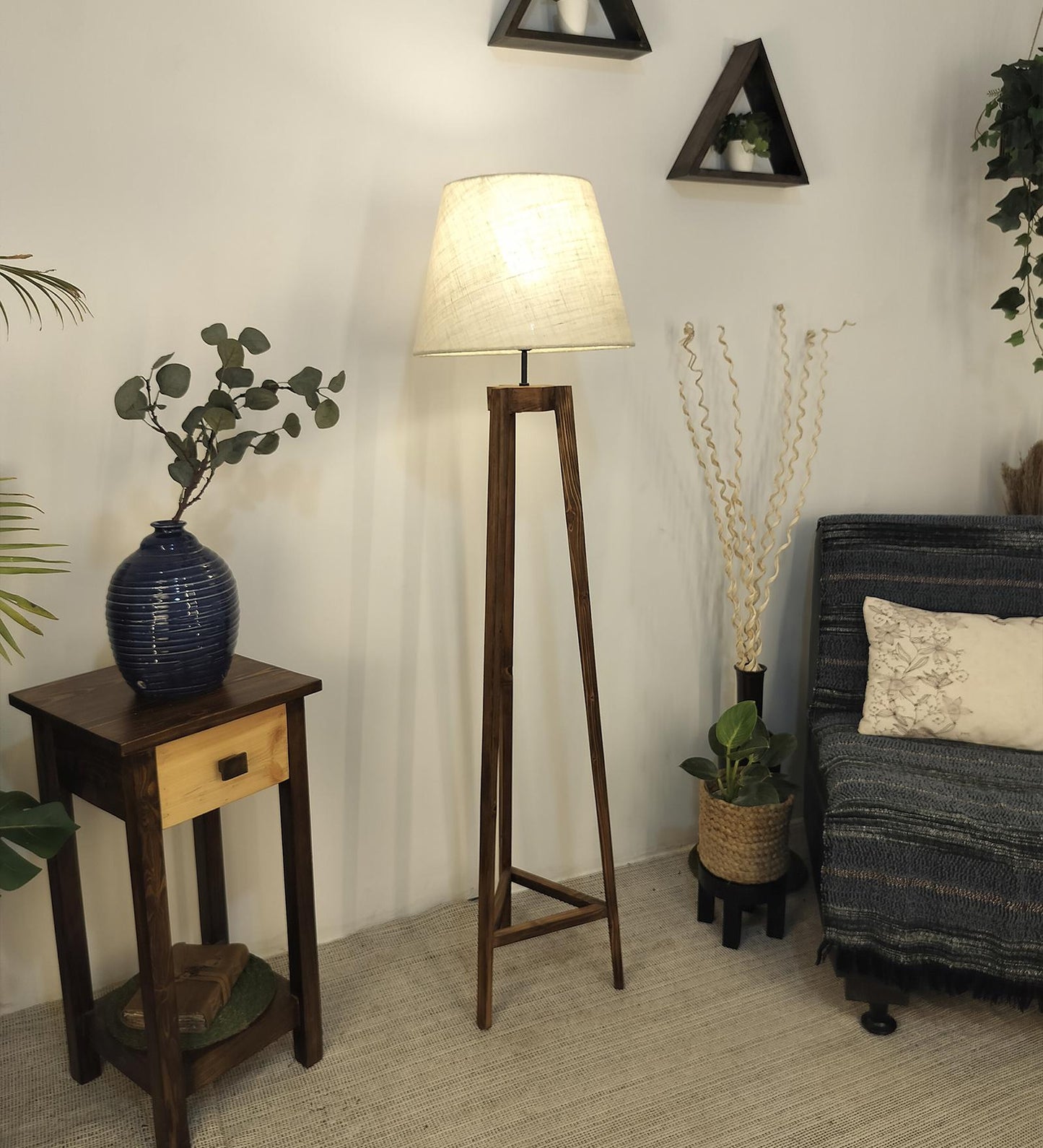 Snow Wooden Floor Lamp with Brown Base and Premium Beige Fabric Lampshade