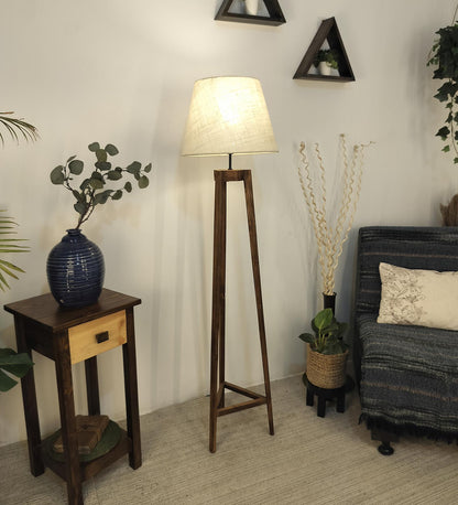 Snow Wooden Floor Lamp with Brown Base and Premium Beige Fabric Lampshade