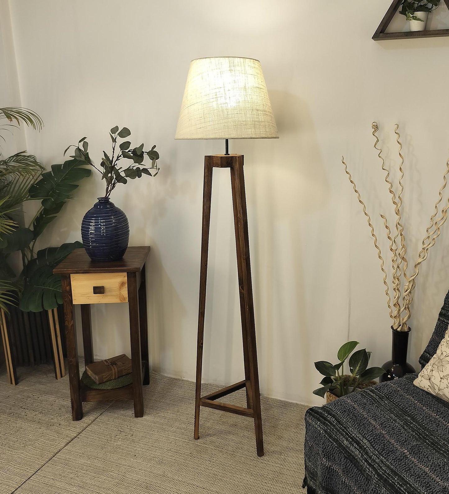 Snow Wooden Floor Lamp with Brown Base and Premium Beige Fabric Lampshade