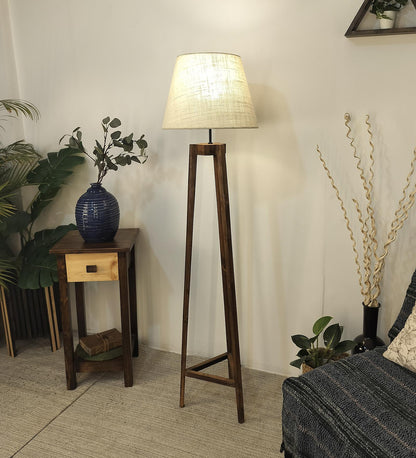 Snow Wooden Floor Lamp with Brown Base and Premium Beige Fabric Lampshade