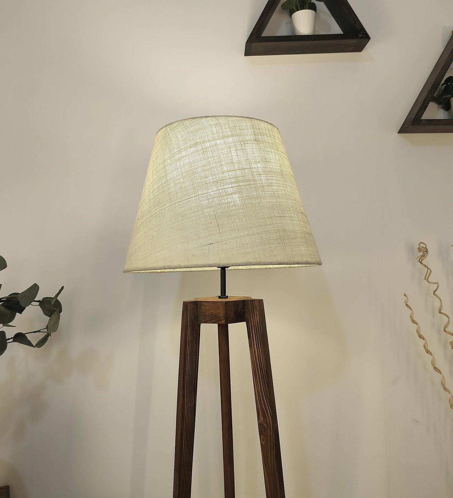 Snow Wooden Floor Lamp with Brown Base and Premium Beige Fabric Lampshade