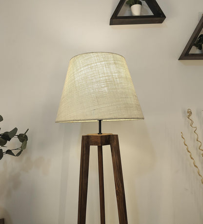 Snow Wooden Floor Lamp with Brown Base and Premium Beige Fabric Lampshade