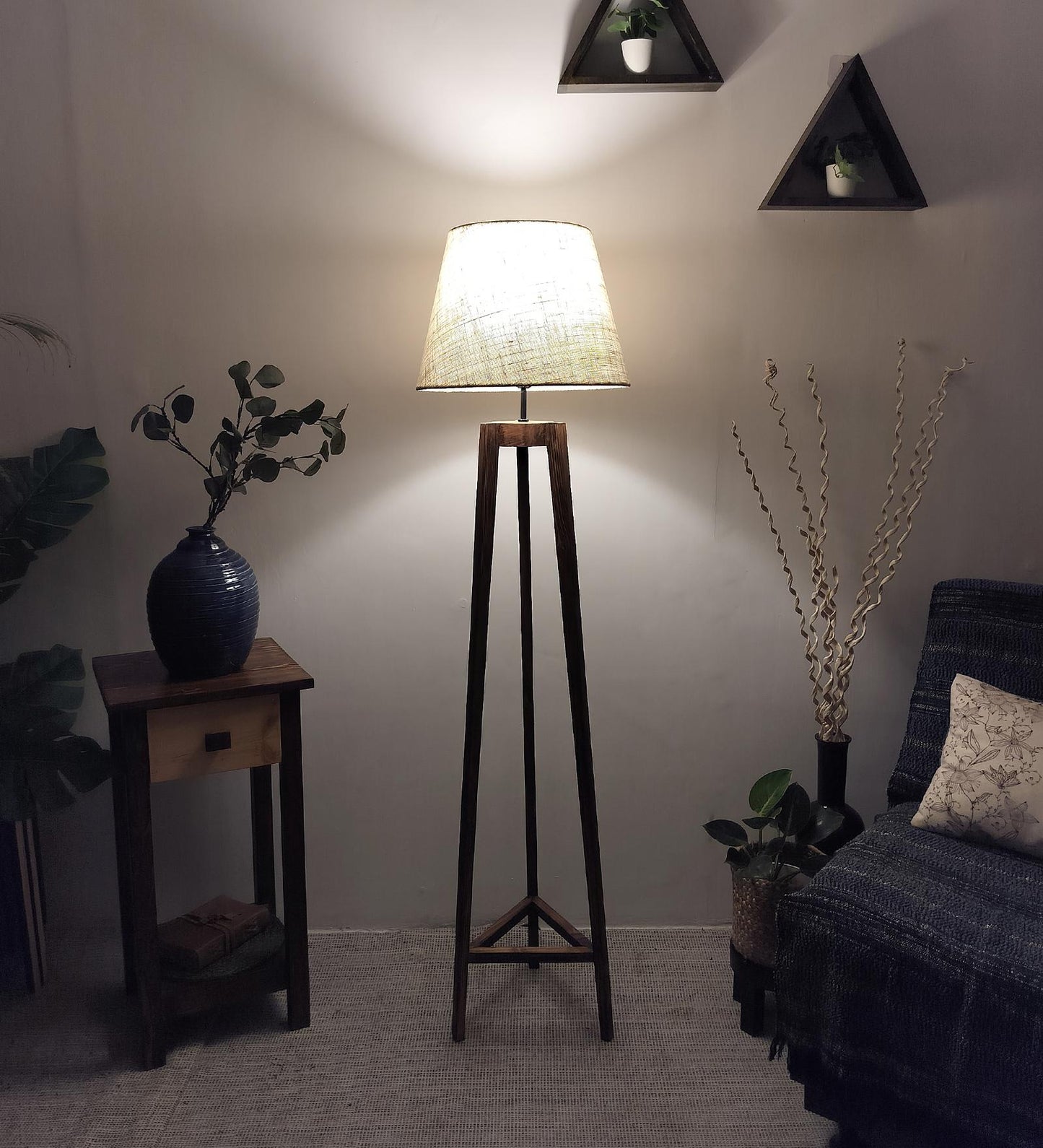 Snow Wooden Floor Lamp with Brown Base and Premium Beige Fabric Lampshade