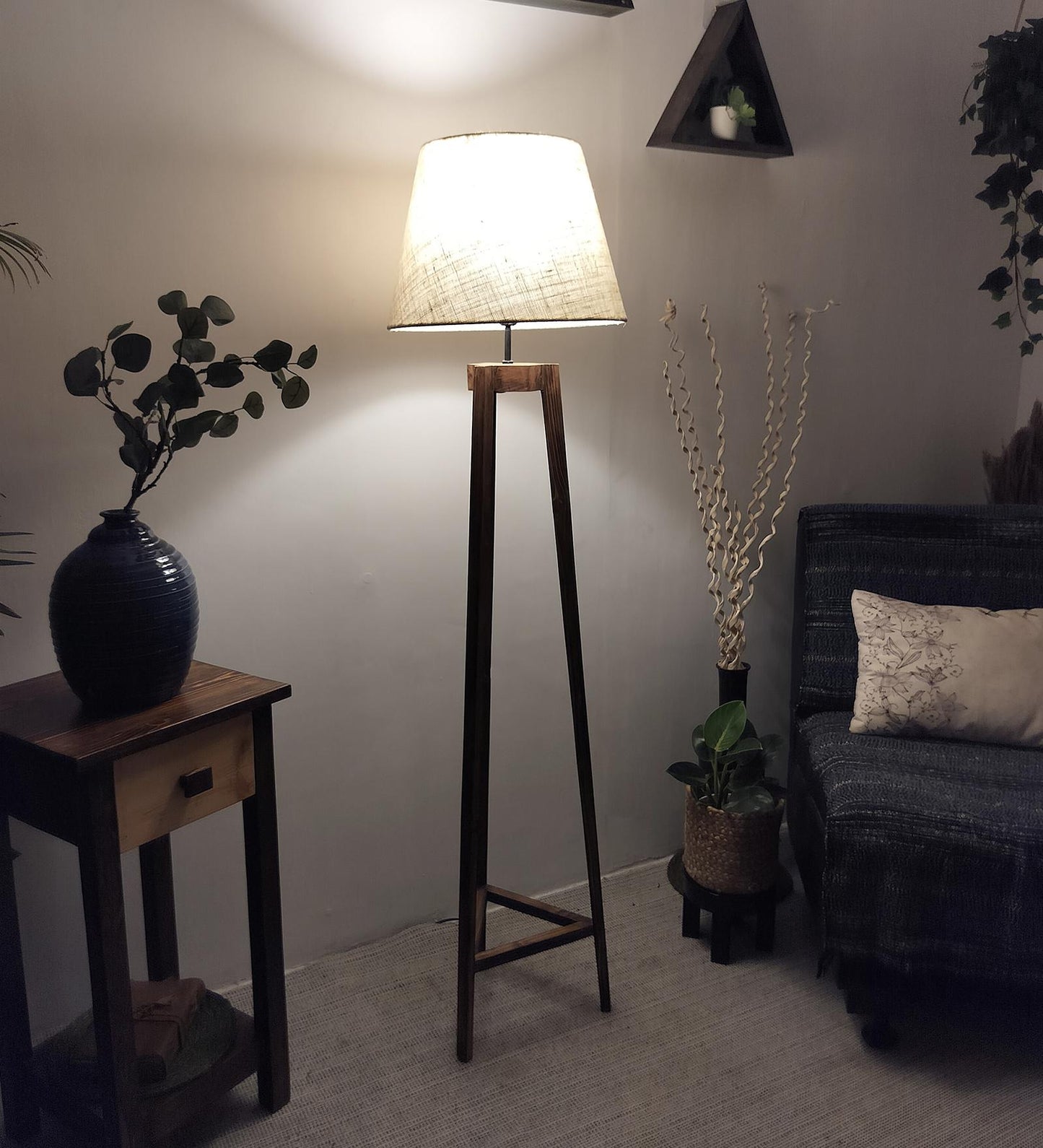 Snow Wooden Floor Lamp with Brown Base and Premium Beige Fabric Lampshade