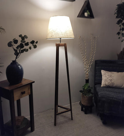 Snow Wooden Floor Lamp with Brown Base and Premium Beige Fabric Lampshade