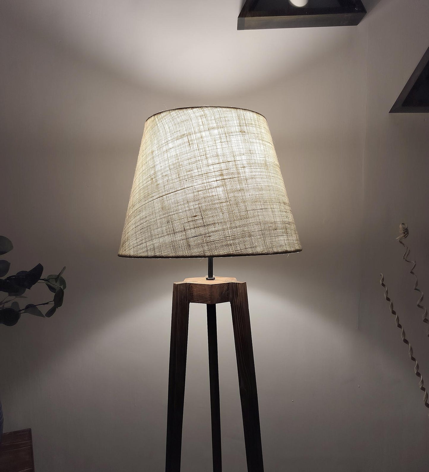 Snow Wooden Floor Lamp with Brown Base and Premium Beige Fabric Lampshade
