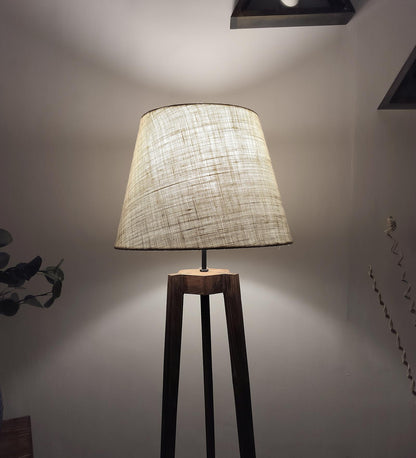 Snow Wooden Floor Lamp with Brown Base and Premium Beige Fabric Lampshade