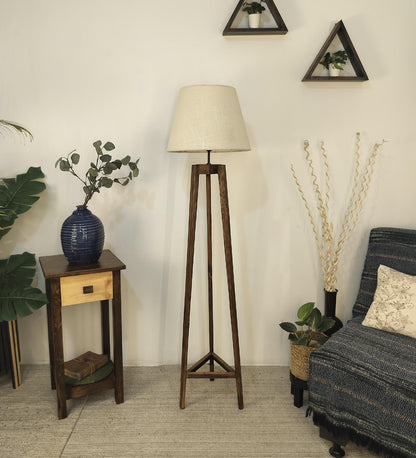 Snow Wooden Floor Lamp with Brown Base and Premium Beige Fabric Lampshade