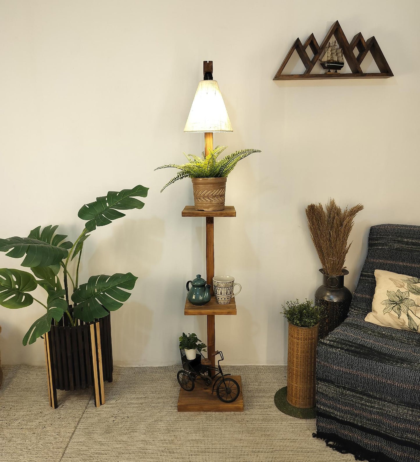 Dew Wooden Floor Lamp with Brown Base and Jute Fabric Lampshade