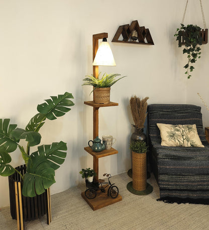 Dew Wooden Floor Lamp with Brown Base and Jute Fabric Lampshade