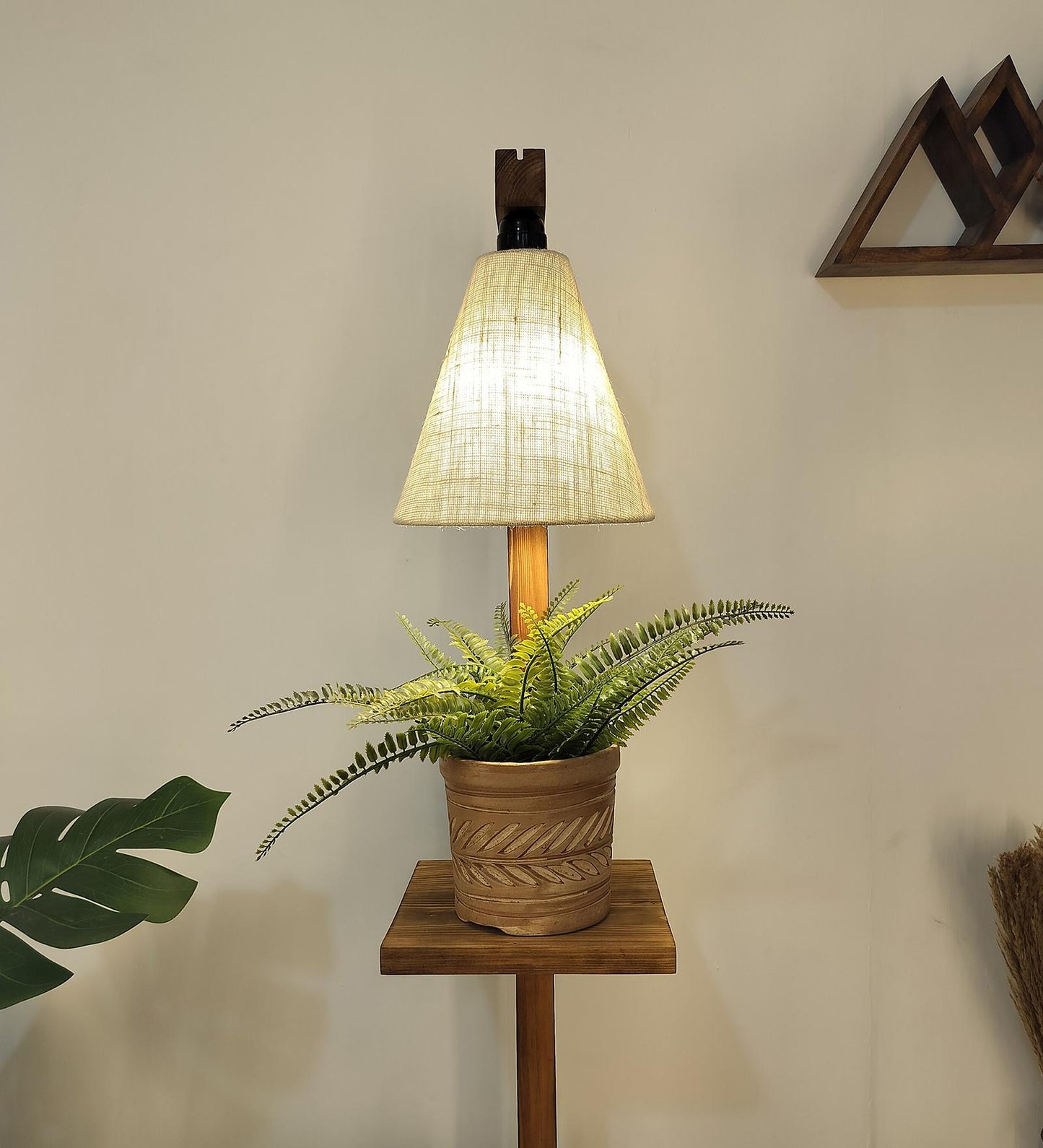 Dew Wooden Floor Lamp with Brown Base and Jute Fabric Lampshade