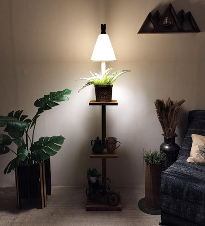 Dew Wooden Floor Lamp with Brown Base and Jute Fabric Lampshade