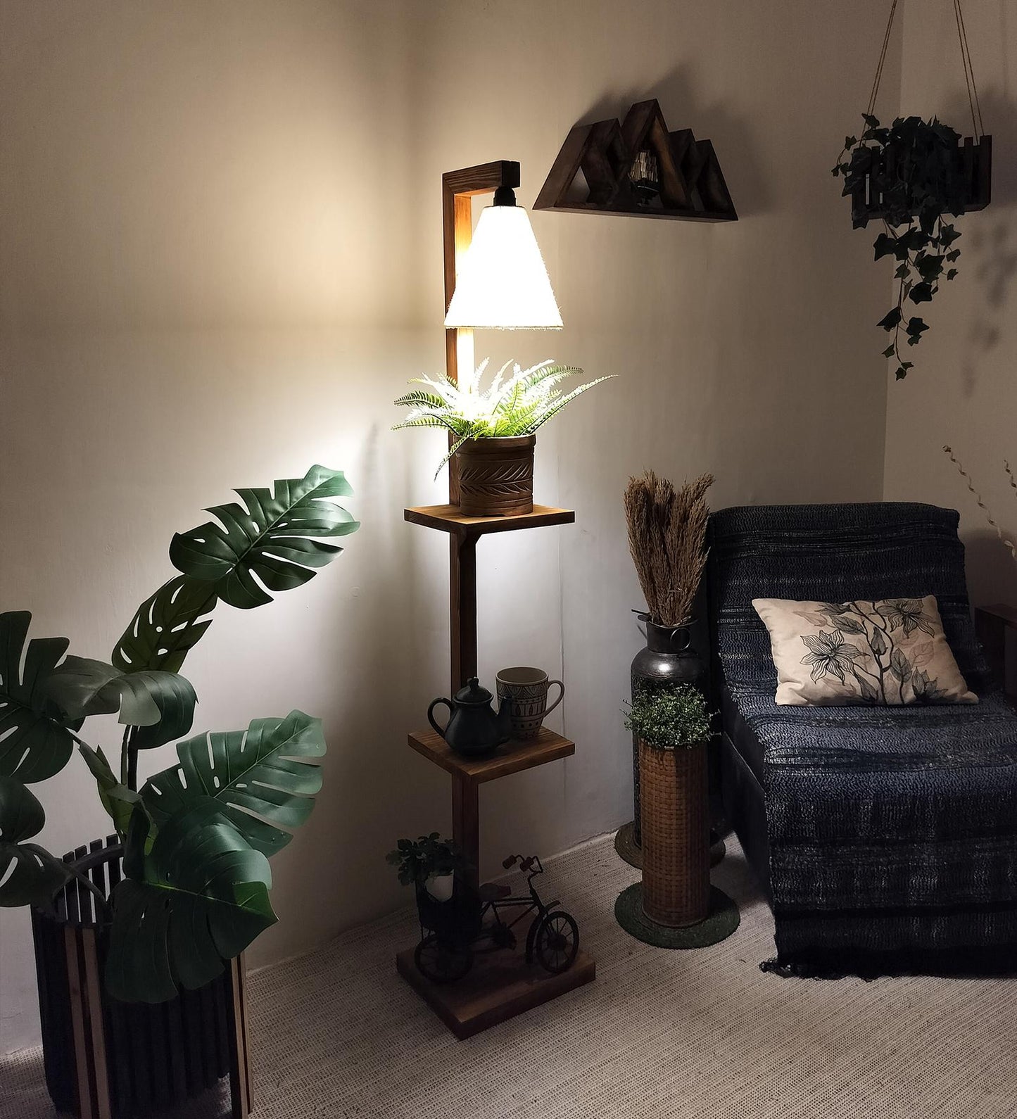 Dew Wooden Floor Lamp with Brown Base and Jute Fabric Lampshade