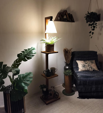Dew Wooden Floor Lamp with Brown Base and Jute Fabric Lampshade