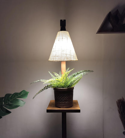 Dew Wooden Floor Lamp with Brown Base and Jute Fabric Lampshade