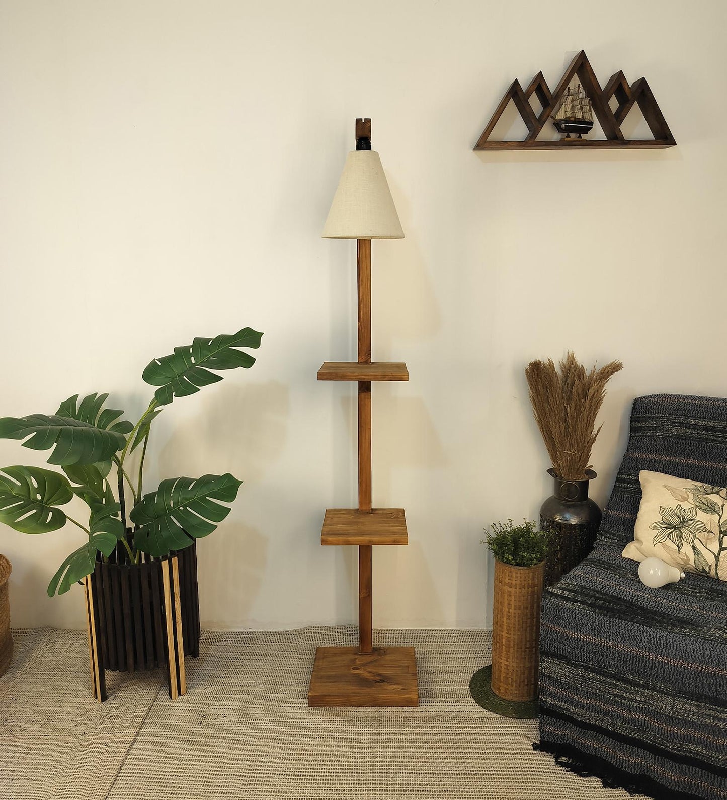 Dew Wooden Floor Lamp with Brown Base and Jute Fabric Lampshade