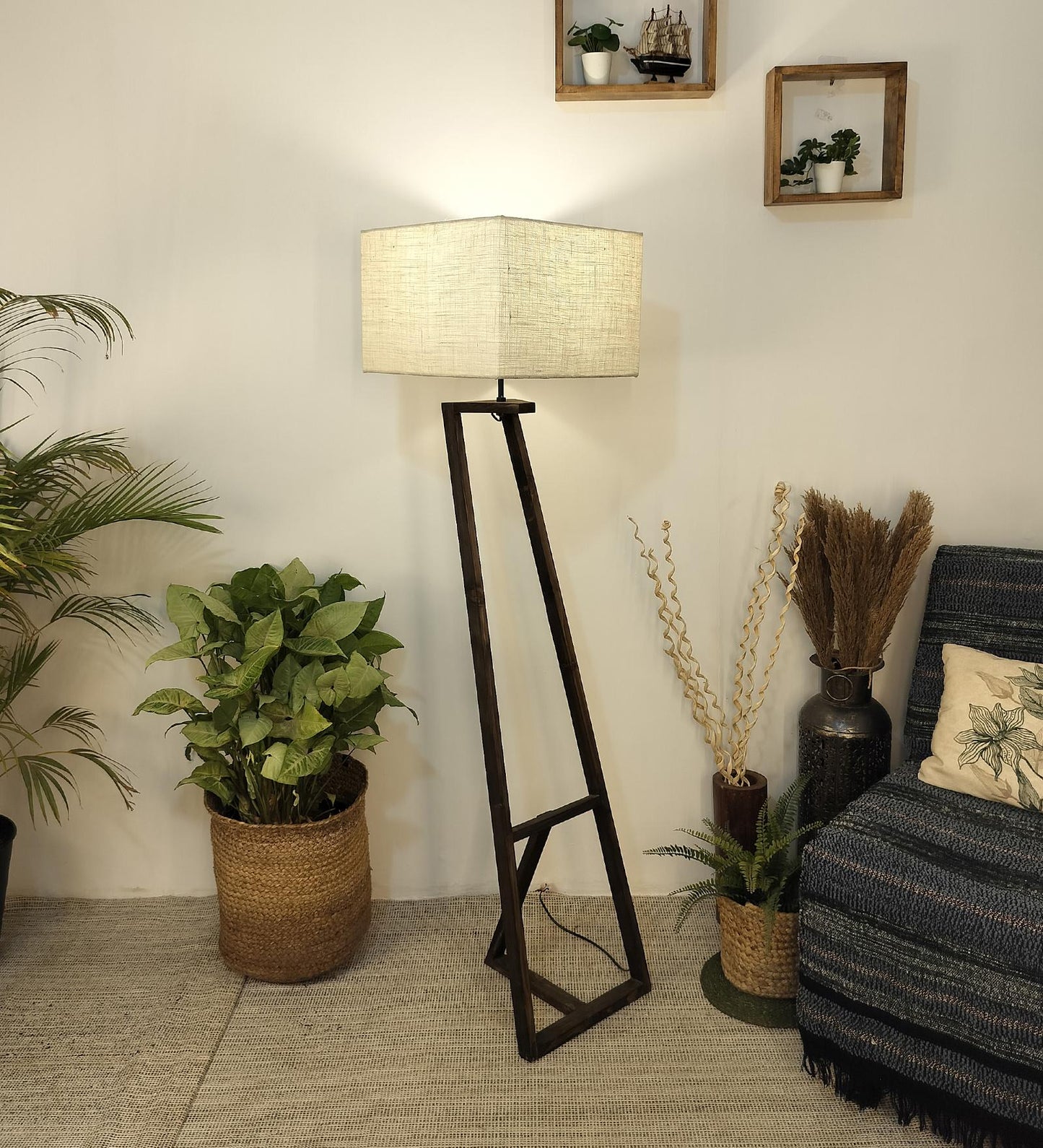 Wave Wooden Floor Lamp with Brown Base and Premium Beige Fabric Lampshade