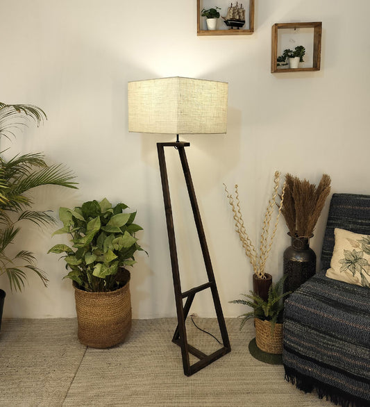 Wave Wooden Floor Lamp with Brown Base and Premium Beige Fabric Lampshade