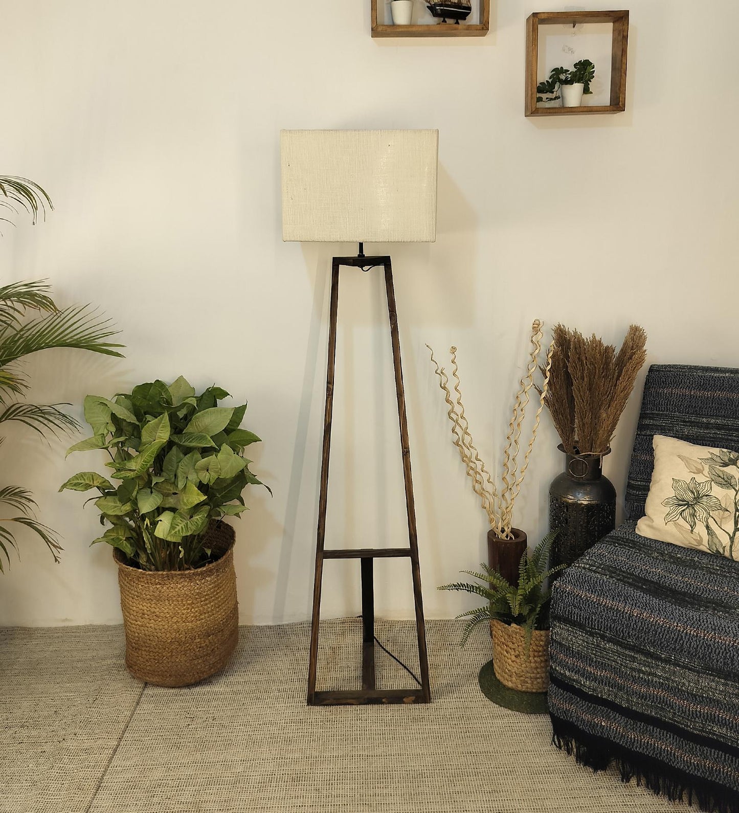 Wave Wooden Floor Lamp with Brown Base and Premium Beige Fabric Lampshade