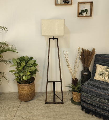 Wave Wooden Floor Lamp with Brown Base and Premium Beige Fabric Lampshade