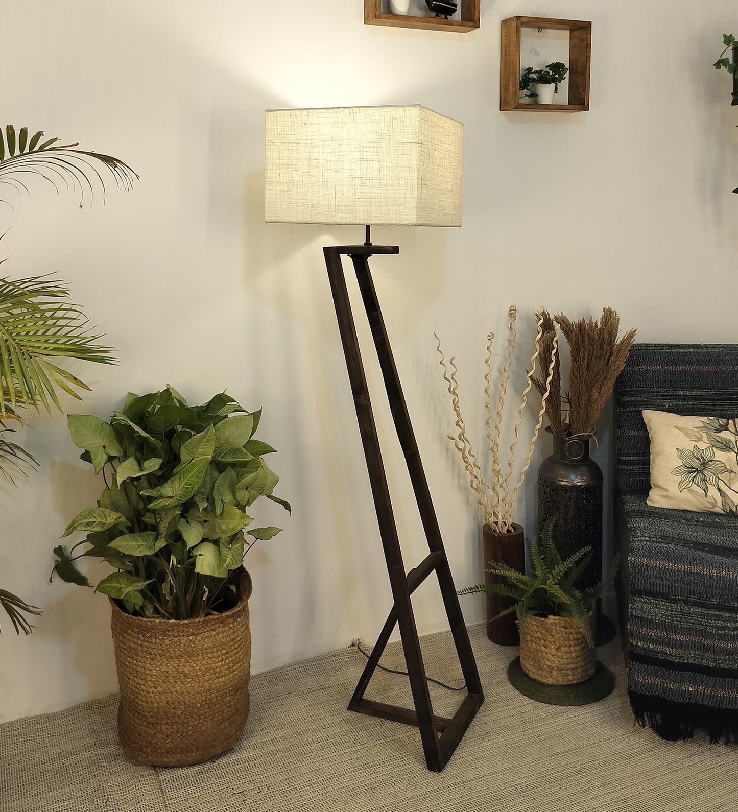 Wave Wooden Floor Lamp with Brown Base and Premium Beige Fabric Lampshade