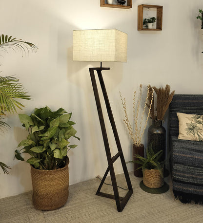 Wave Wooden Floor Lamp with Brown Base and Premium Beige Fabric Lampshade