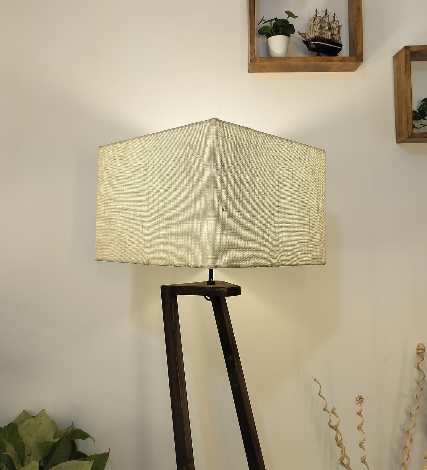 Wave Wooden Floor Lamp with Brown Base and Premium Beige Fabric Lampshade