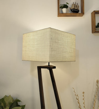 Wave Wooden Floor Lamp with Brown Base and Premium Beige Fabric Lampshade