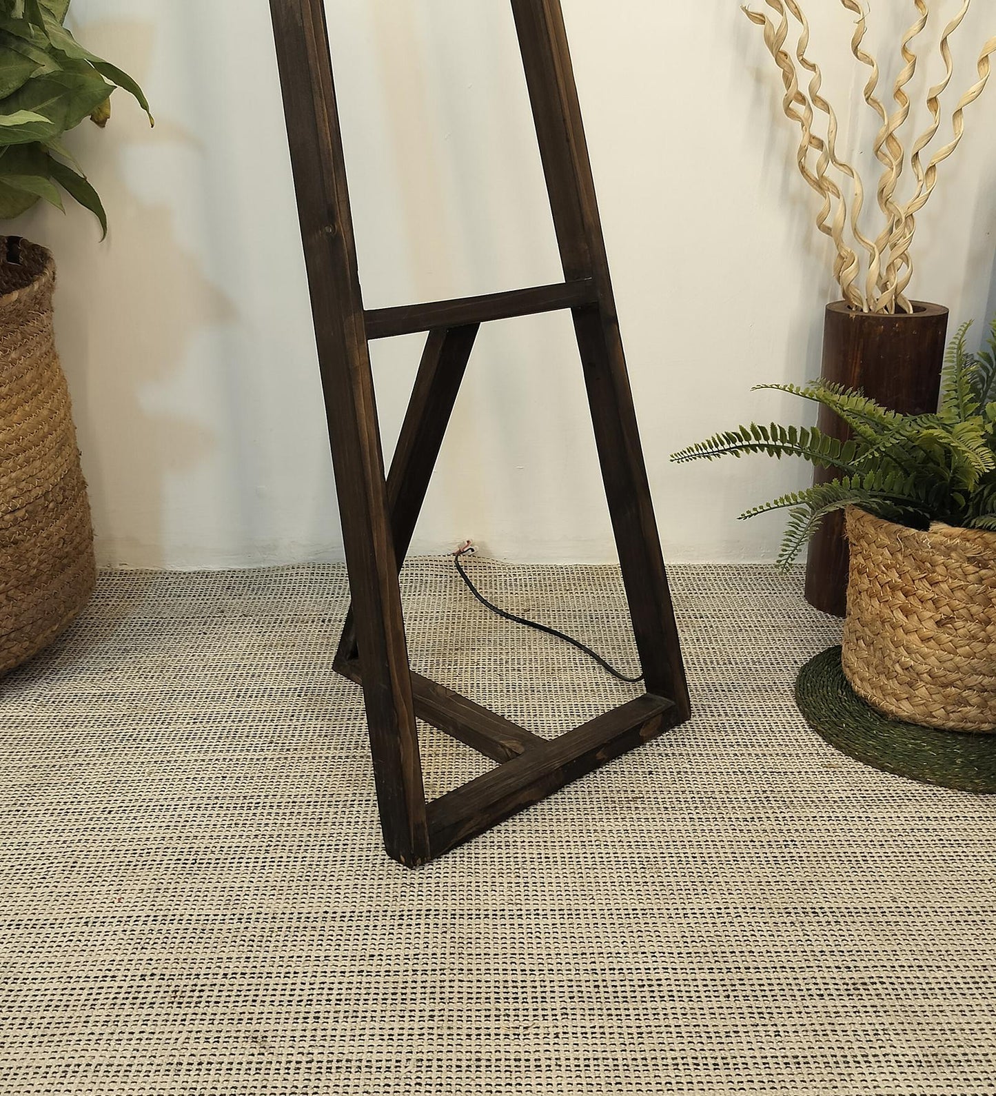 Wave Wooden Floor Lamp with Brown Base and Premium Beige Fabric Lampshade