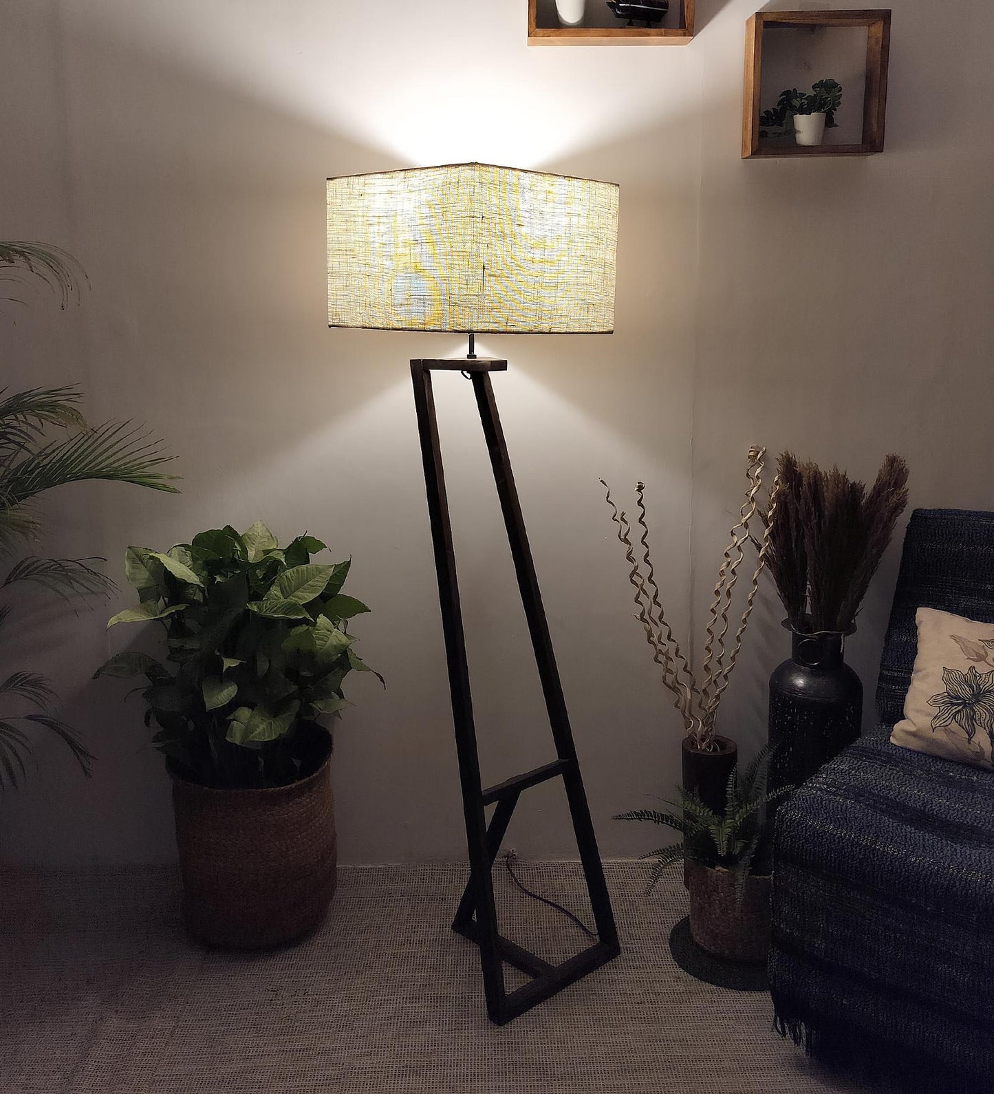 Wave Wooden Floor Lamp with Brown Base and Premium Beige Fabric Lampshade