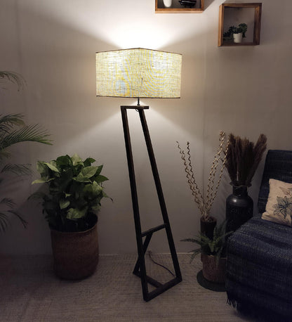 Wave Wooden Floor Lamp with Brown Base and Premium Beige Fabric Lampshade