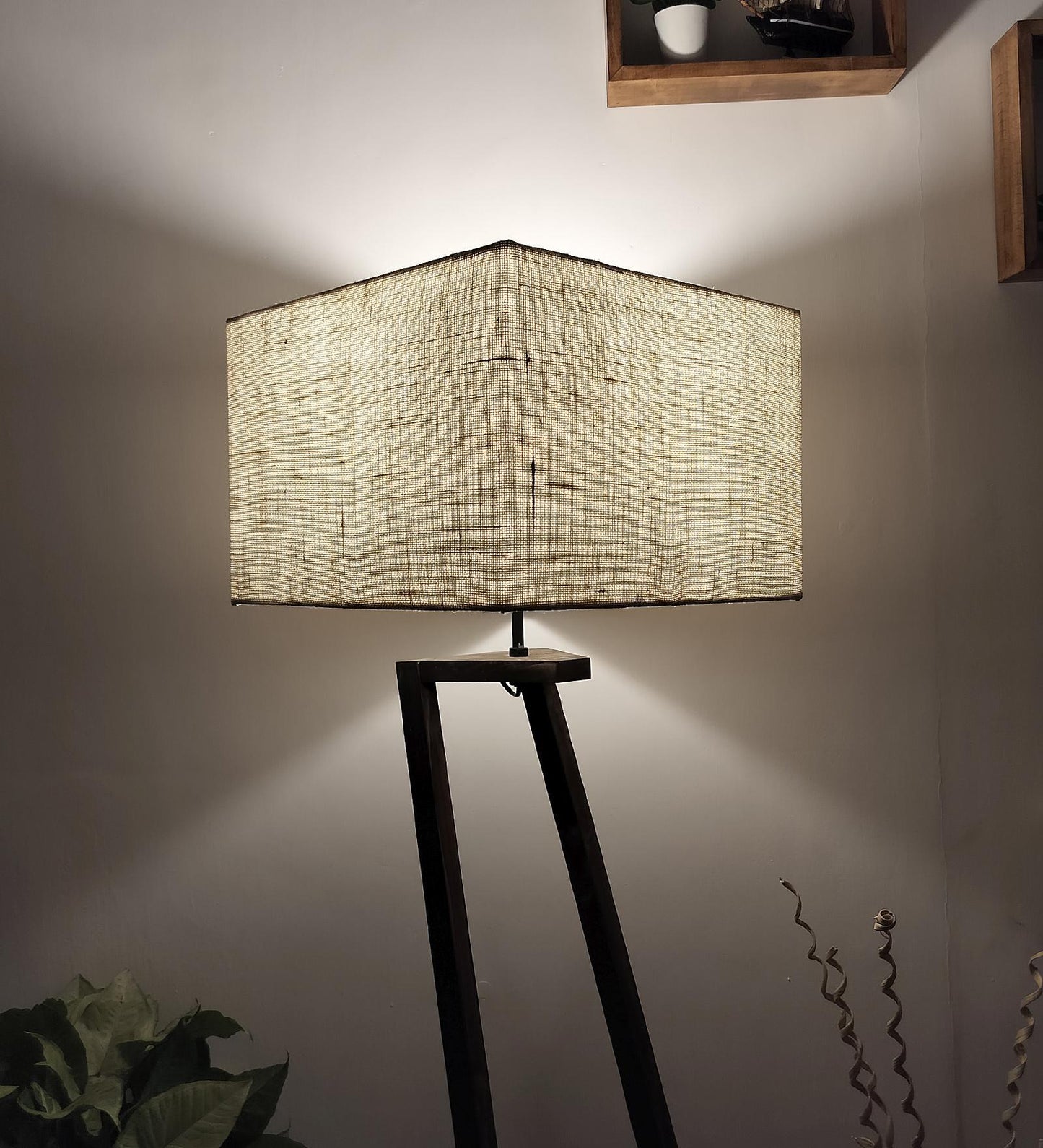 Wave Wooden Floor Lamp with Brown Base and Premium Beige Fabric Lampshade