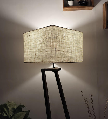 Wave Wooden Floor Lamp with Brown Base and Premium Beige Fabric Lampshade