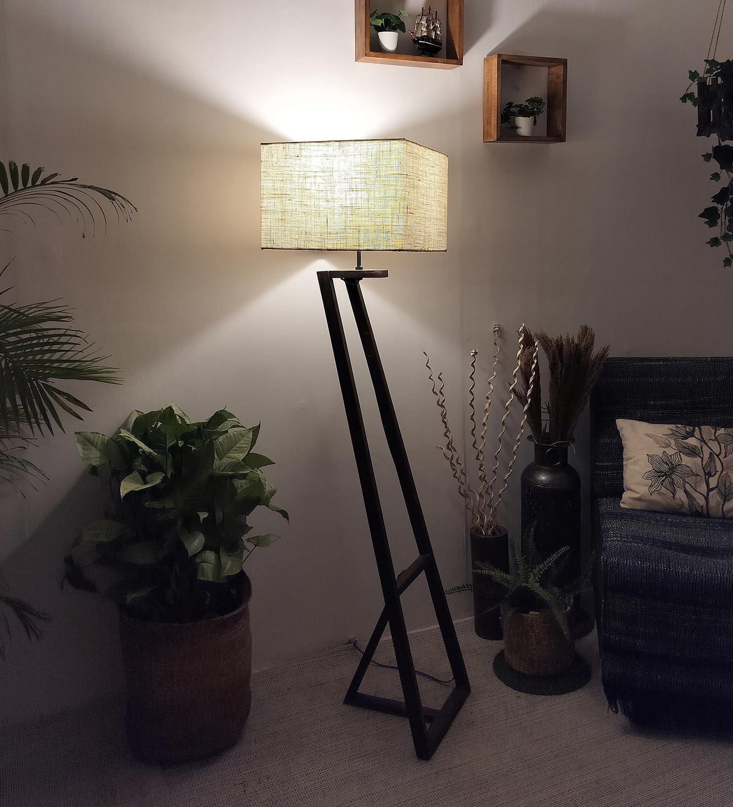 Wave Wooden Floor Lamp with Brown Base and Premium Beige Fabric Lampshade
