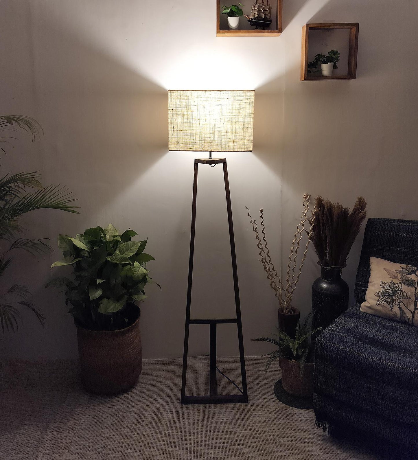 Wave Wooden Floor Lamp with Brown Base and Premium Beige Fabric Lampshade