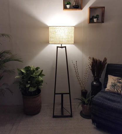 Wave Wooden Floor Lamp with Brown Base and Premium Beige Fabric Lampshade