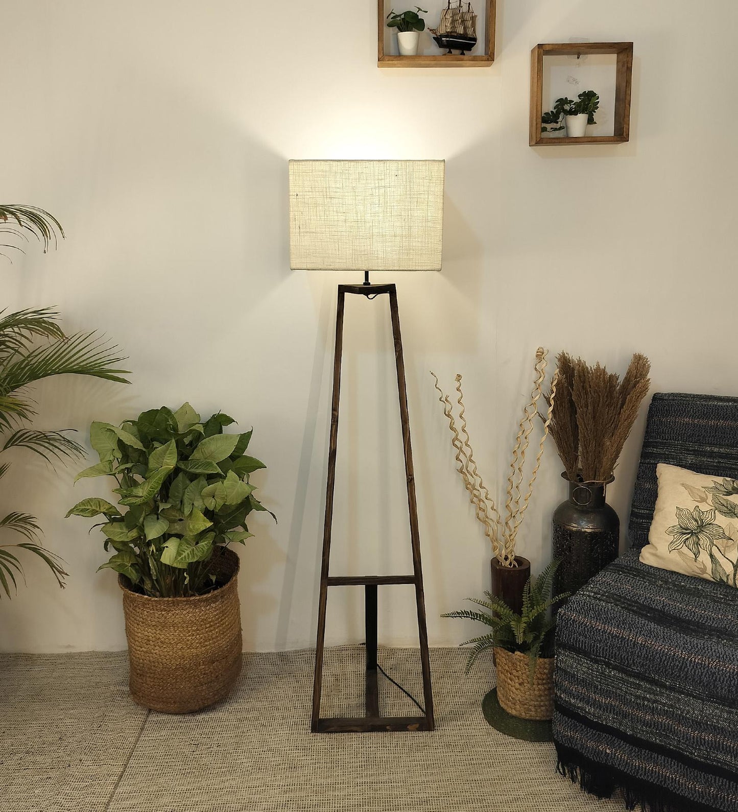 Wave Wooden Floor Lamp with Brown Base and Premium Beige Fabric Lampshade